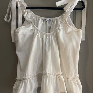 White Cotton Denim Ruffle Tie Straps Top